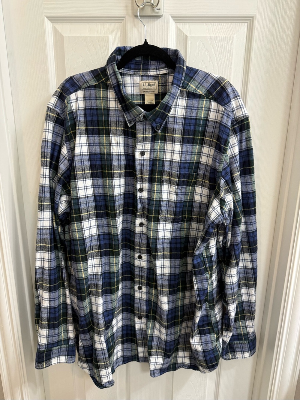 L.L. Bean Flannel Navy, White & Green Plaid Button-Down Shirt